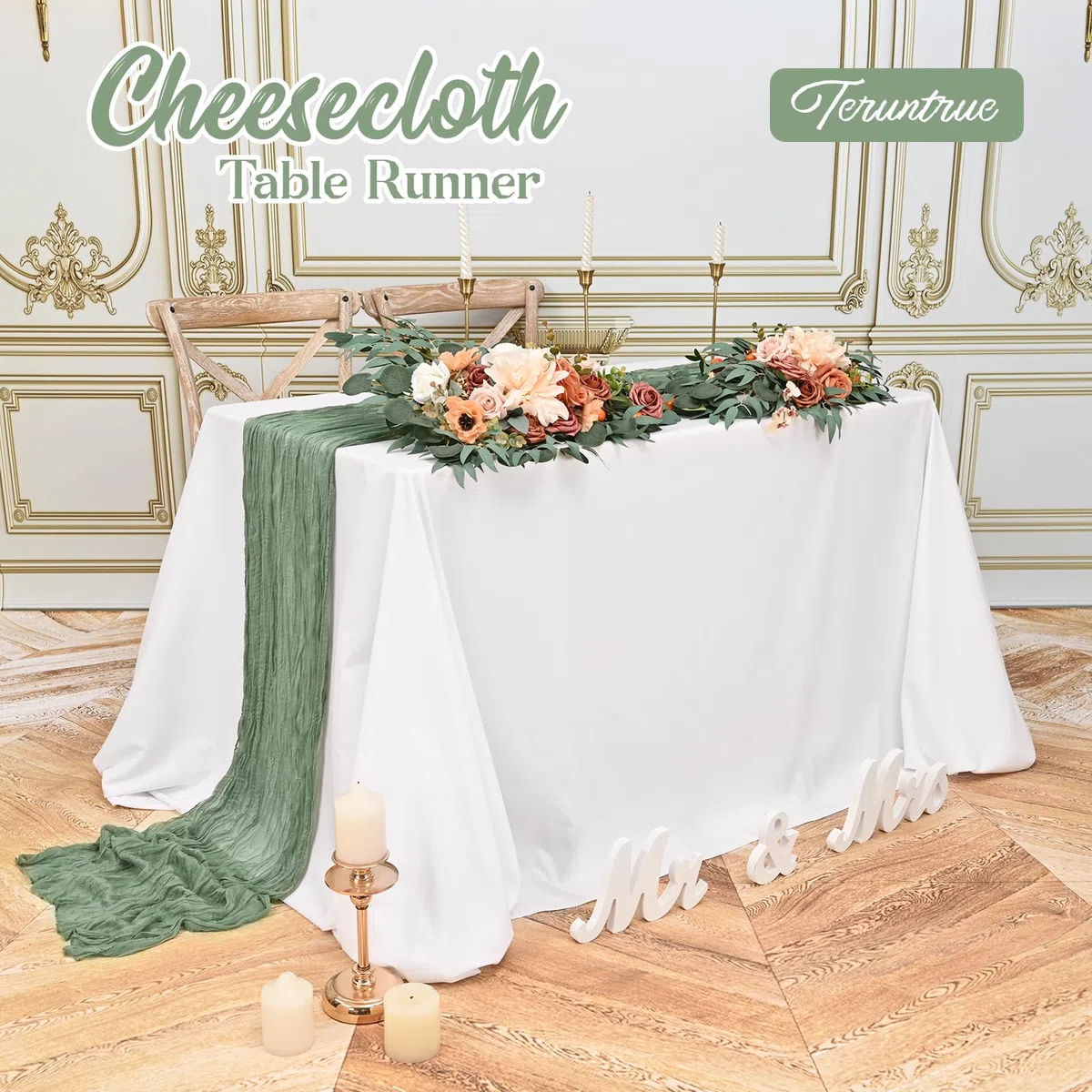 Teruntrue Lot de 10 chemins de Table en étamine Vert Sauge, Chemin de Table bohème de 3 m de Long, Chemin de Table en Gaze pour fête d'anniversaire, Festival, décoration de Mariage (Vert Sauge)