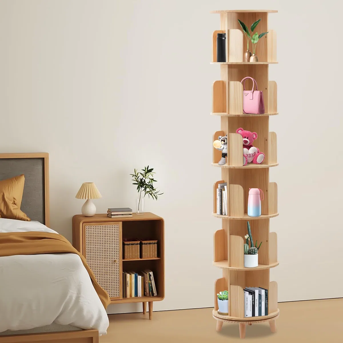 Bibliothèque Tournante 6 Niveaux en Bois - Étagère Rotative 360 Degrés - Rangement Multifonction Organisateur (6 Étagères)