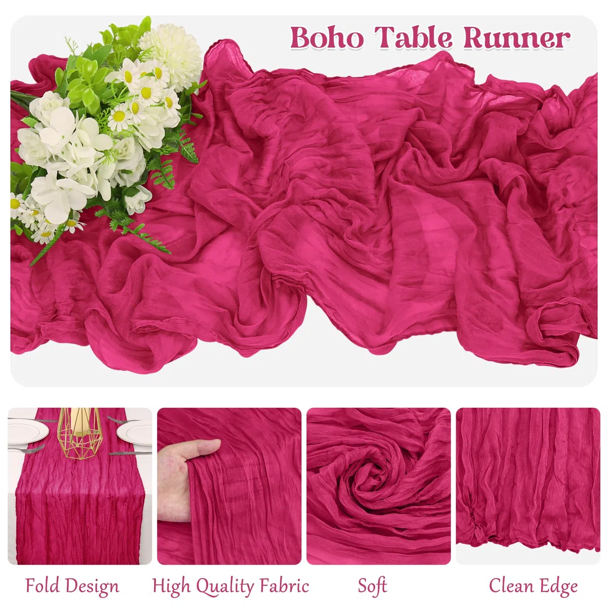 HAISIWLKJ Lot de 10 chemins de table en étamine, style bohème rustique et transparent pour fête de mariage, fête prénuptiale, fête prénatale, 3 m (fuchsia)