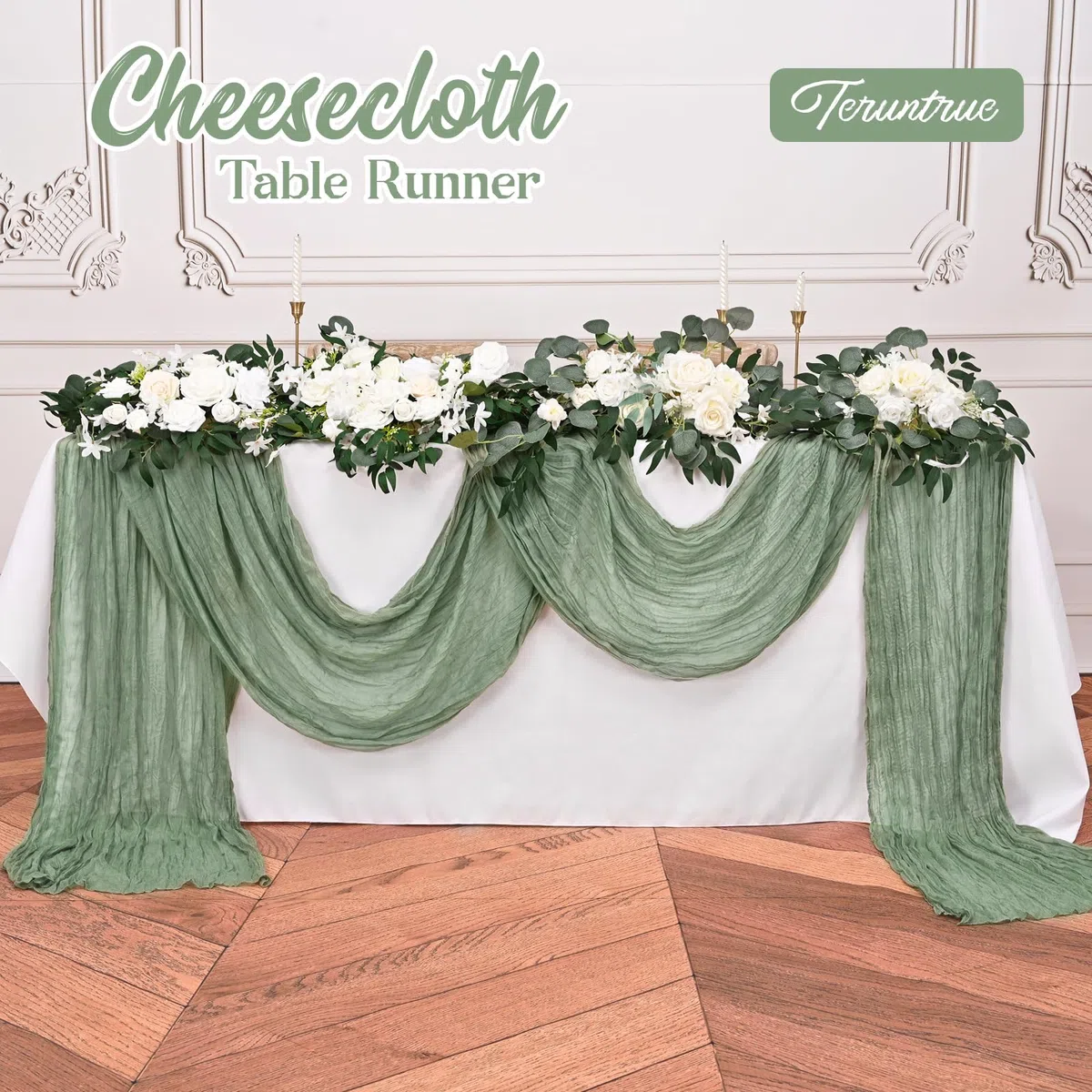 Teruntrue Lot de 10 chemins de Table en étamine Vert Sauge, Chemin de Table bohème de 3 m de Long, Chemin de Table en Gaze pour fête d'anniversaire, Festival, décoration de Mariage (Vert Sauge)