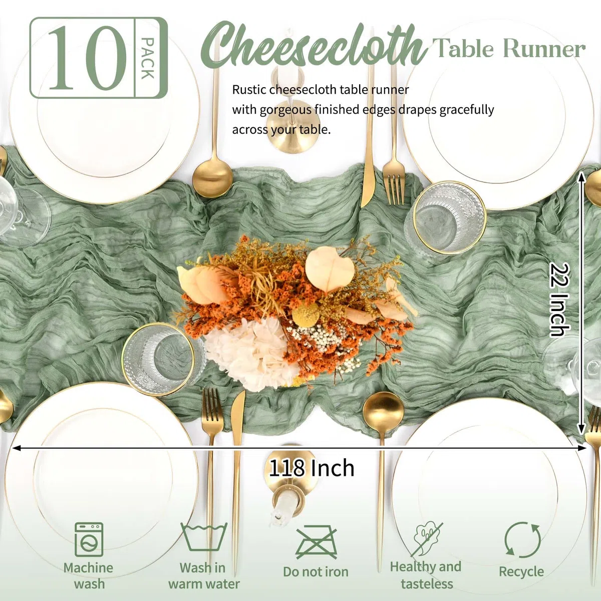 Teruntrue Lot de 10 chemins de Table en étamine Vert Sauge, Chemin de Table bohème de 3 m de Long, Chemin de Table en Gaze pour fête d'anniversaire, Festival, décoration de Mariage (Vert Sauge)