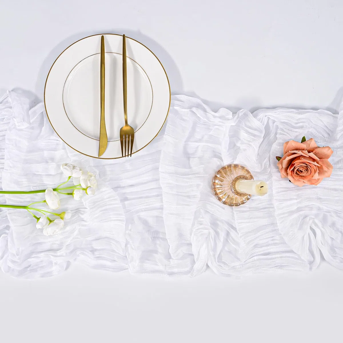 6 pièces de Nappe en Mousseline de Lin Blanc 55x300cm Boho Gaze Tissu fromage Chemin de table 10FT Longues rustiques Tissu Décorations de table pour la fête de mariage, la mariée, la baby shower