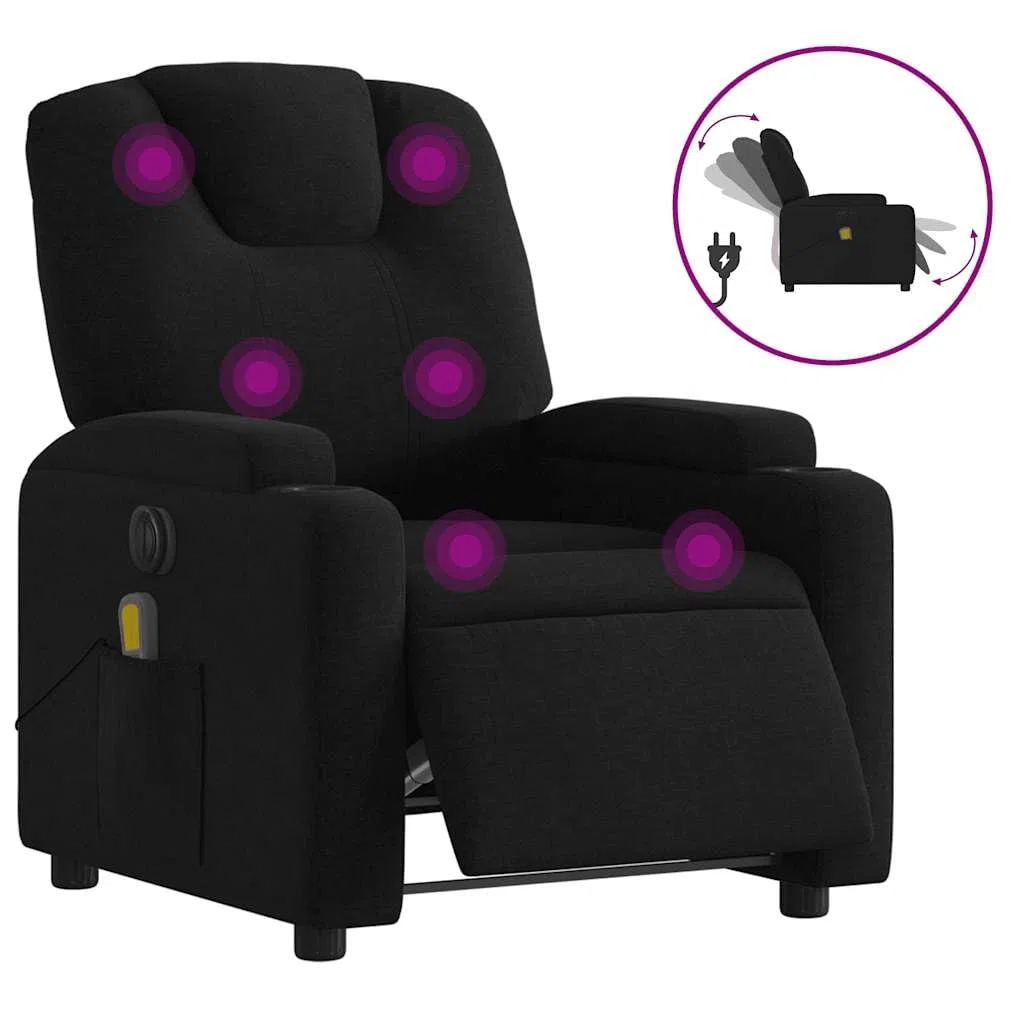 Fauteuil de massage électrique avec housse en tissu noir - Fonction couchage automatique et massage vibrant avec 6 points de massage - Rembourrage confortable - Porte-gobelet - Poche