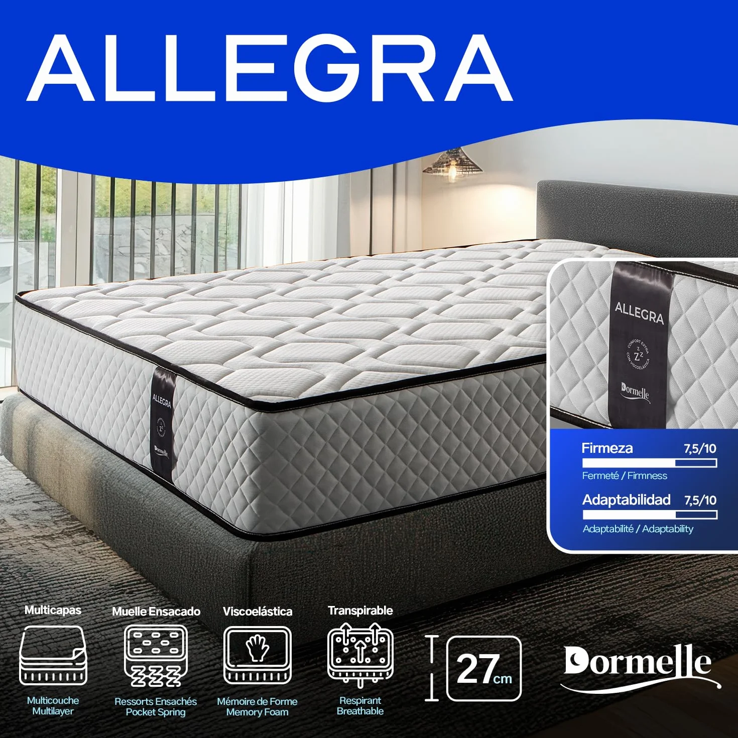 Matelas à ressorts ensachés 180x200 cm Allegra - Face Hiver/Été - Épaisseur +/- 27 cm - Mousse à mémoire de forme - Ferme/Mi-Ferme - Excellente indépendance de couchage - Tissus hypoallergéniques