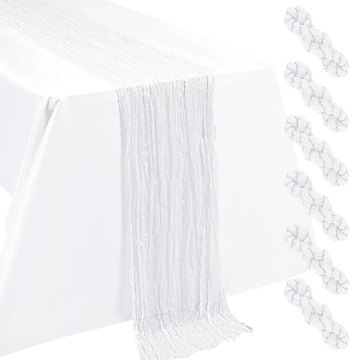 6 pièces de Nappe en Mousseline de Lin Blanc 55x300cm Boho Gaze Tissu fromage Chemin de table 10FT Longues rustiques Tissu Décorations de table pour la fête de mariage, la mariée, la baby shower