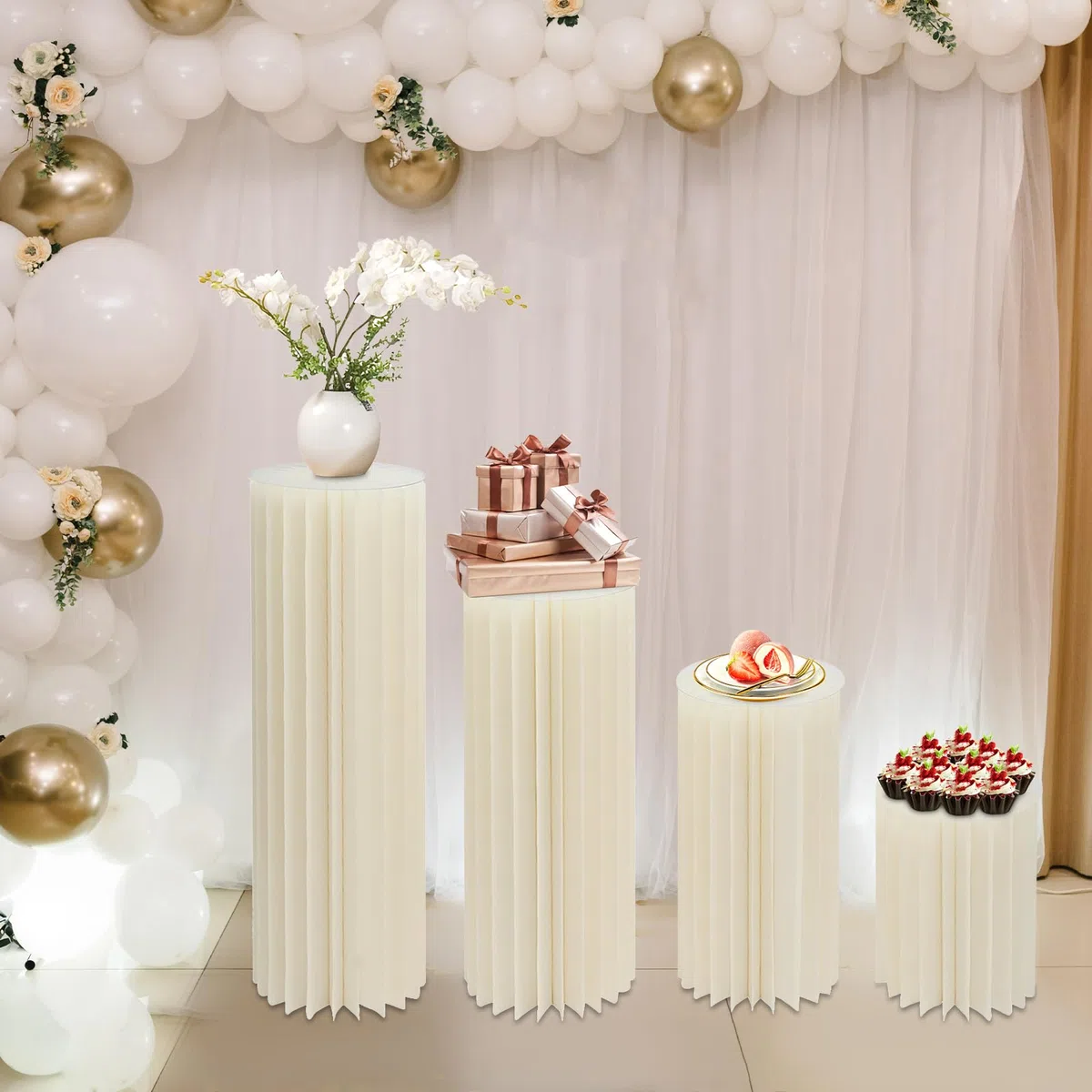 Lot de 4 supports de fleurs en carton de mariage, centres de table, vases, cylindres, stands, colonnes en papier pliables pour mariage, anniversaire, fête, décoration (40/60/80/100 cm)