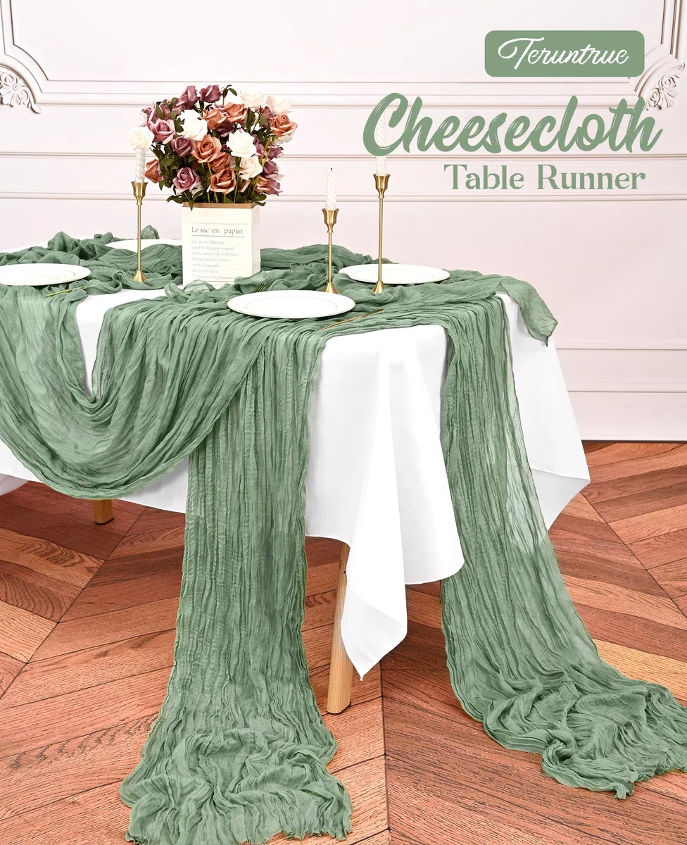 Teruntrue Lot de 10 chemins de Table en étamine Vert Sauge, Chemin de Table bohème de 3 m de Long, Chemin de Table en Gaze pour fête d'anniversaire, Festival, décoration de Mariage (Vert Sauge)