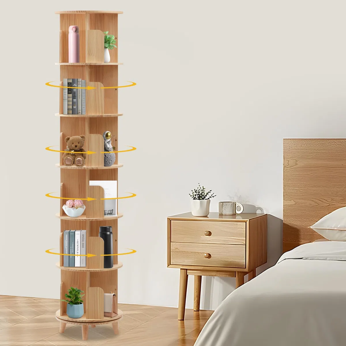 Bibliothèque Tournante 6 Niveaux en Bois - Étagère Rotative 360 Degrés - Rangement Multifonction Organisateur (6 Étagères)