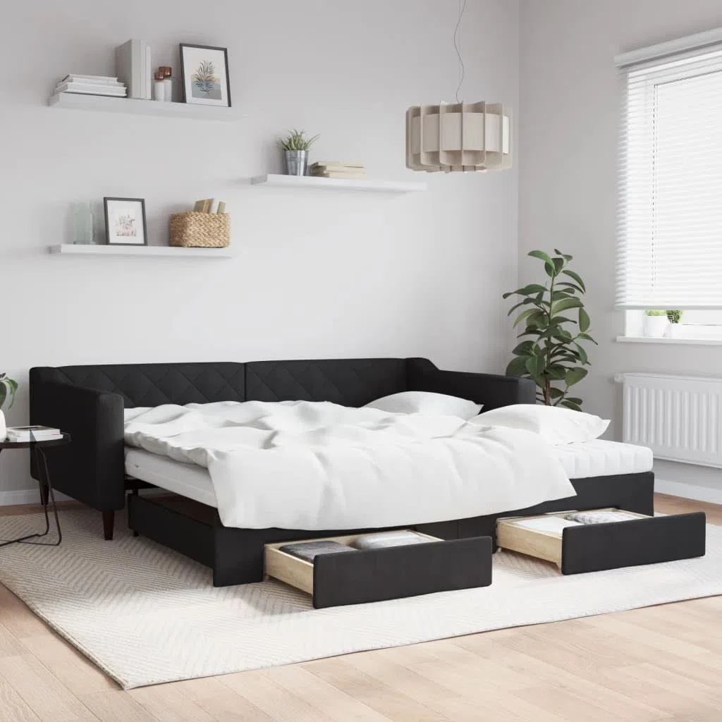 Lit de jour extensible avec tiroirs, noir, 100 x 200 cm, tissu rembourré, canapé-lit avec sommier à lattes, coffre de rangement pour invités, enfants et chambres d'adolescents