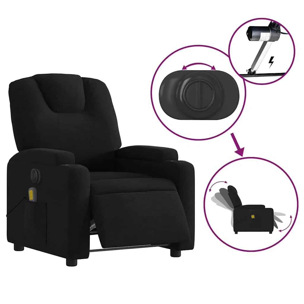 Fauteuil de massage électrique avec housse en tissu noir - Fonction couchage automatique et massage vibrant avec 6 points de massage - Rembourrage confortable - Porte-gobelet - Poche