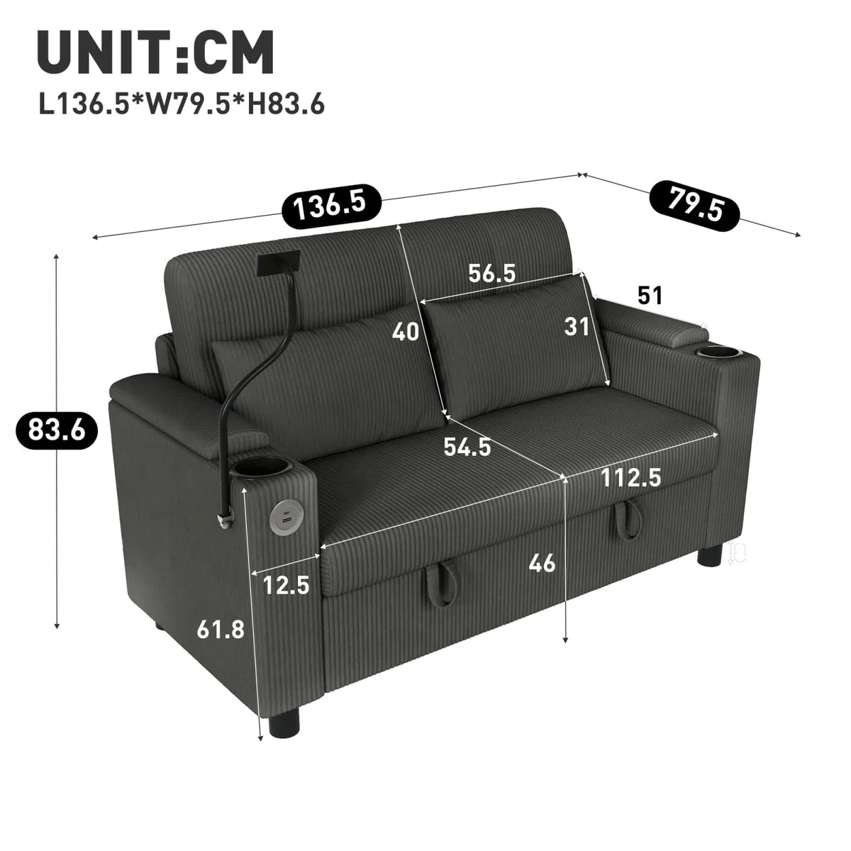 PUGSDRLY Canapé 2 Places Moderne avec Espace de Rangement,136.5x79.5x83.6cm