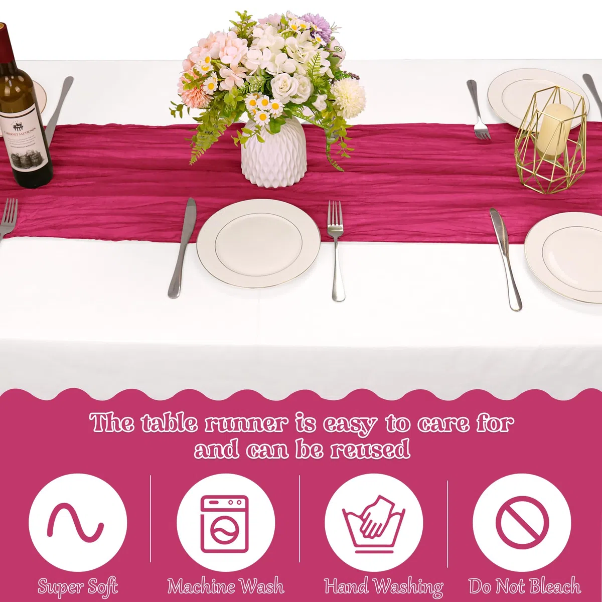 HAISIWLKJ Lot de 10 chemins de table en étamine, style bohème rustique et transparent pour fête de mariage, fête prénuptiale, fête prénatale, 3 m (fuchsia)