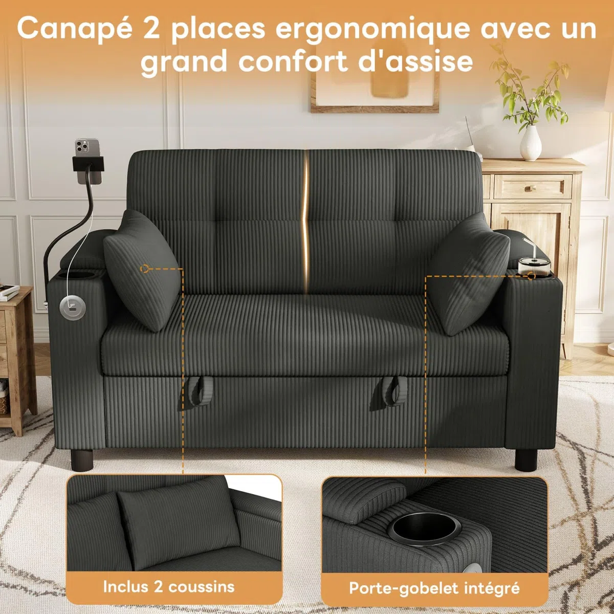 PUGSDRLY Canapé 2 Places Moderne avec Espace de Rangement,136.5x79.5x83.6cm
