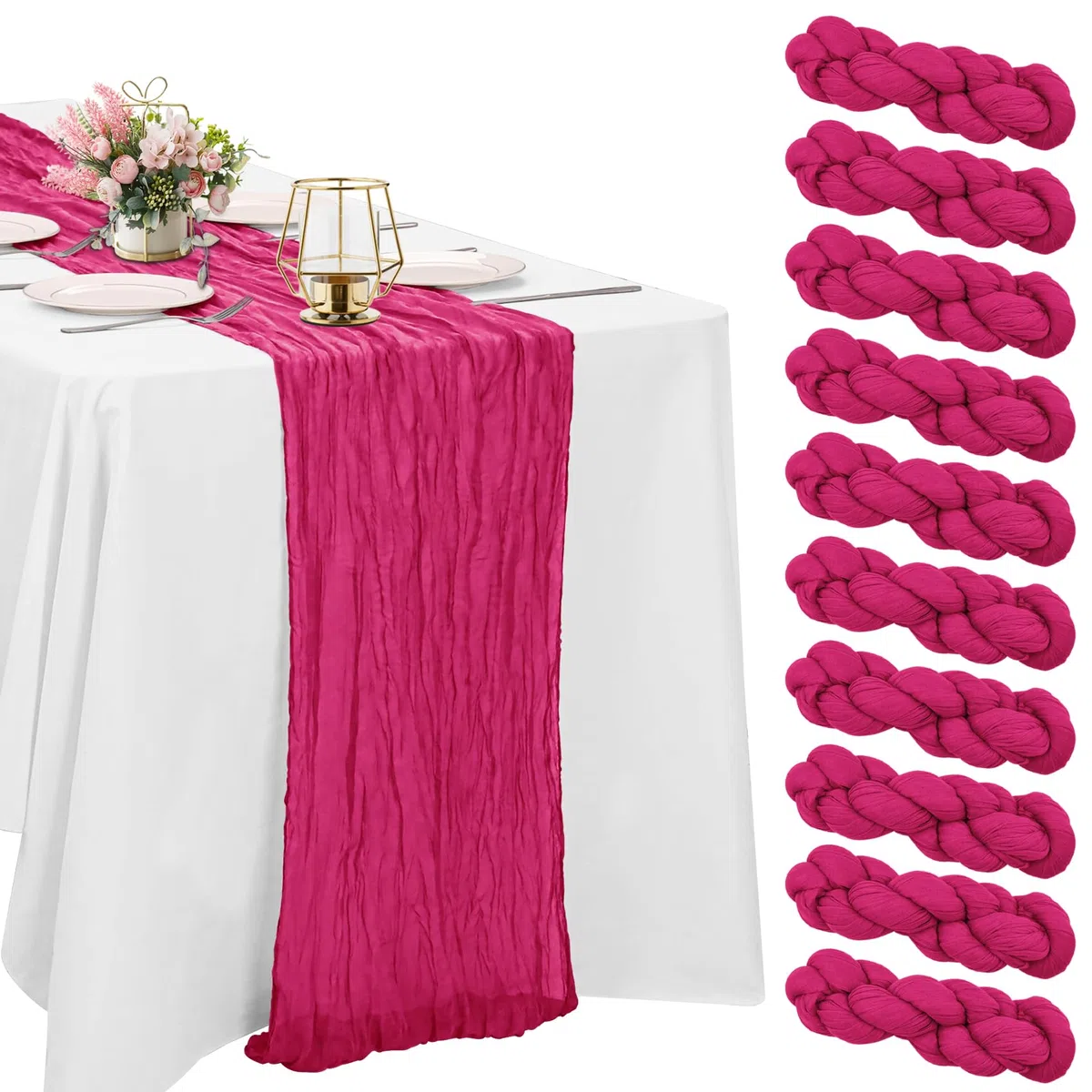 HAISIWLKJ Lot de 10 chemins de table en étamine, style bohème rustique et transparent pour fête de mariage, fête prénuptiale, fête prénatale, 3 m (fuchsia)