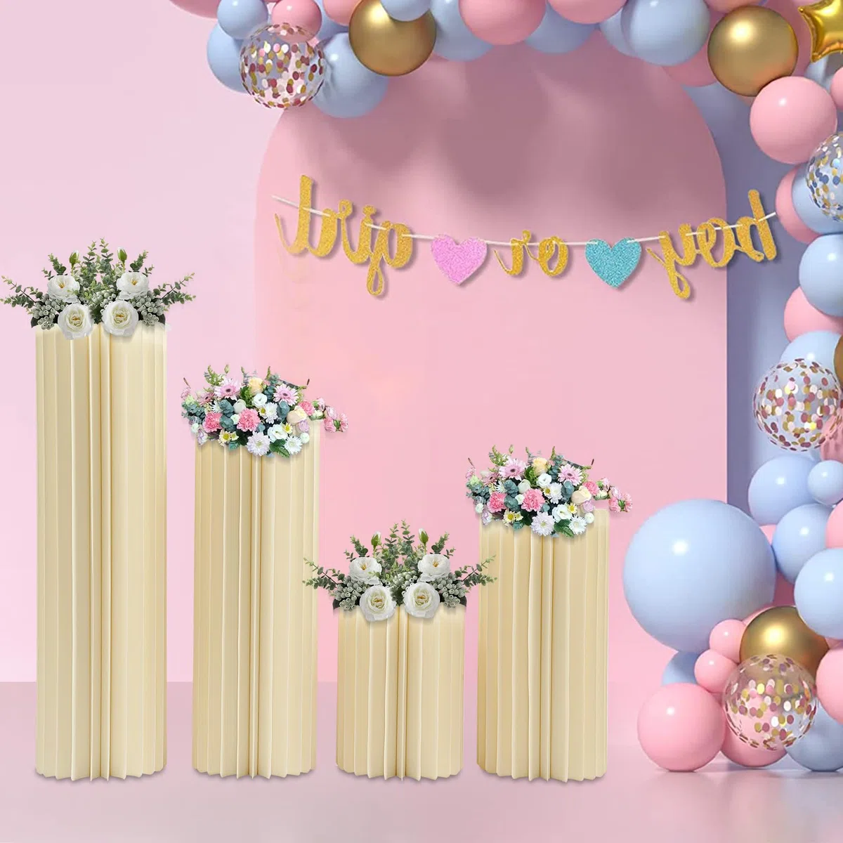 Lot de 4 supports de fleurs en carton de mariage, centres de table, vases, cylindres, stands, colonnes en papier pliables pour mariage, anniversaire, fête, décoration (40/60/80/100 cm)