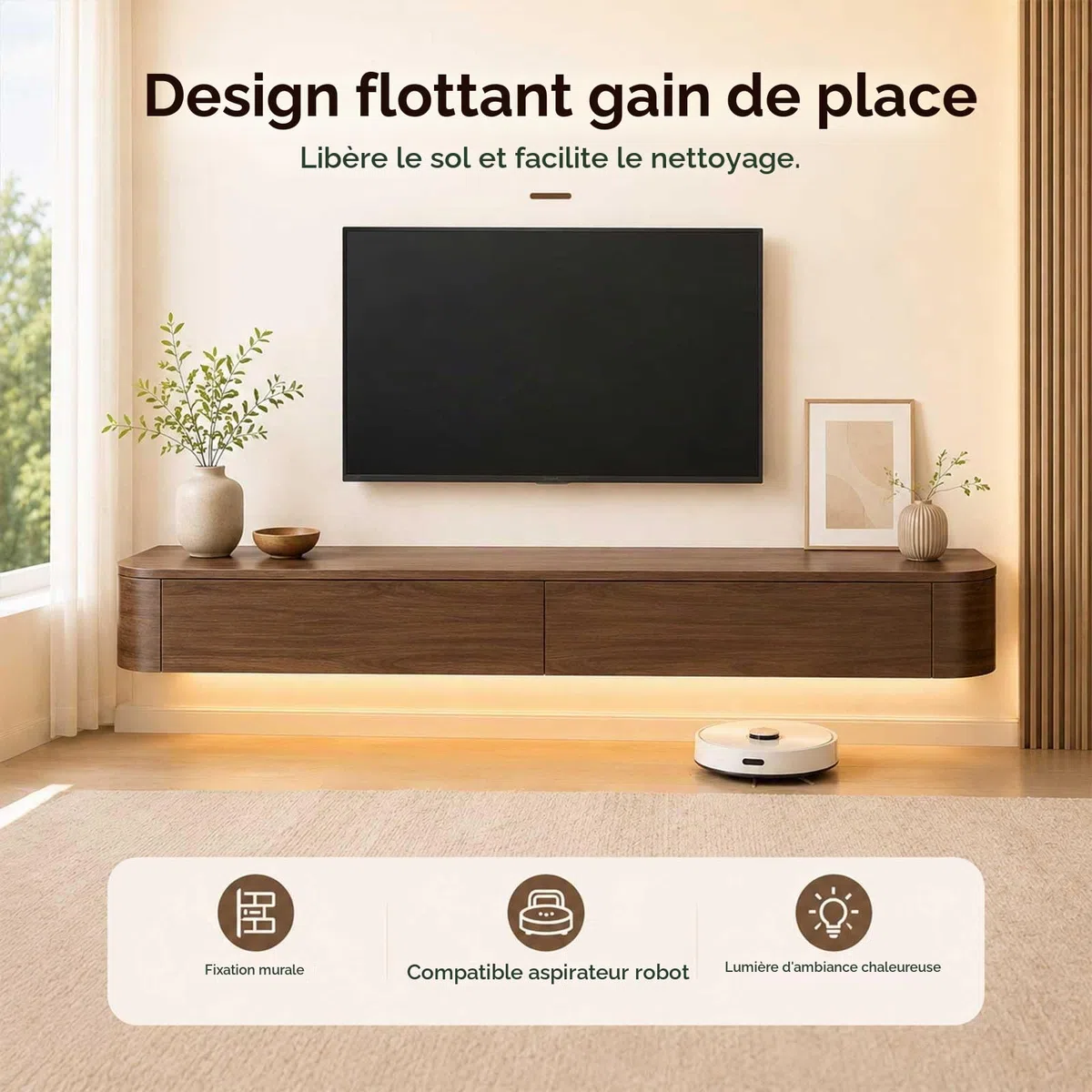 Meuble TV Noyer Suspendu, Console TV Murale Bois Massif, Support Flottant