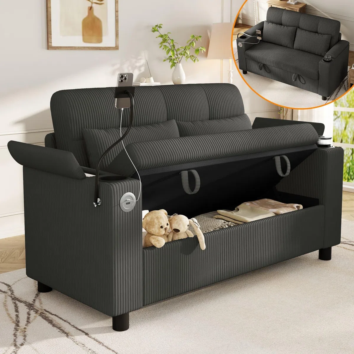 PUGSDRLY Canapé 2 Places Moderne avec Espace de Rangement,136.5x79.5x83.6cm