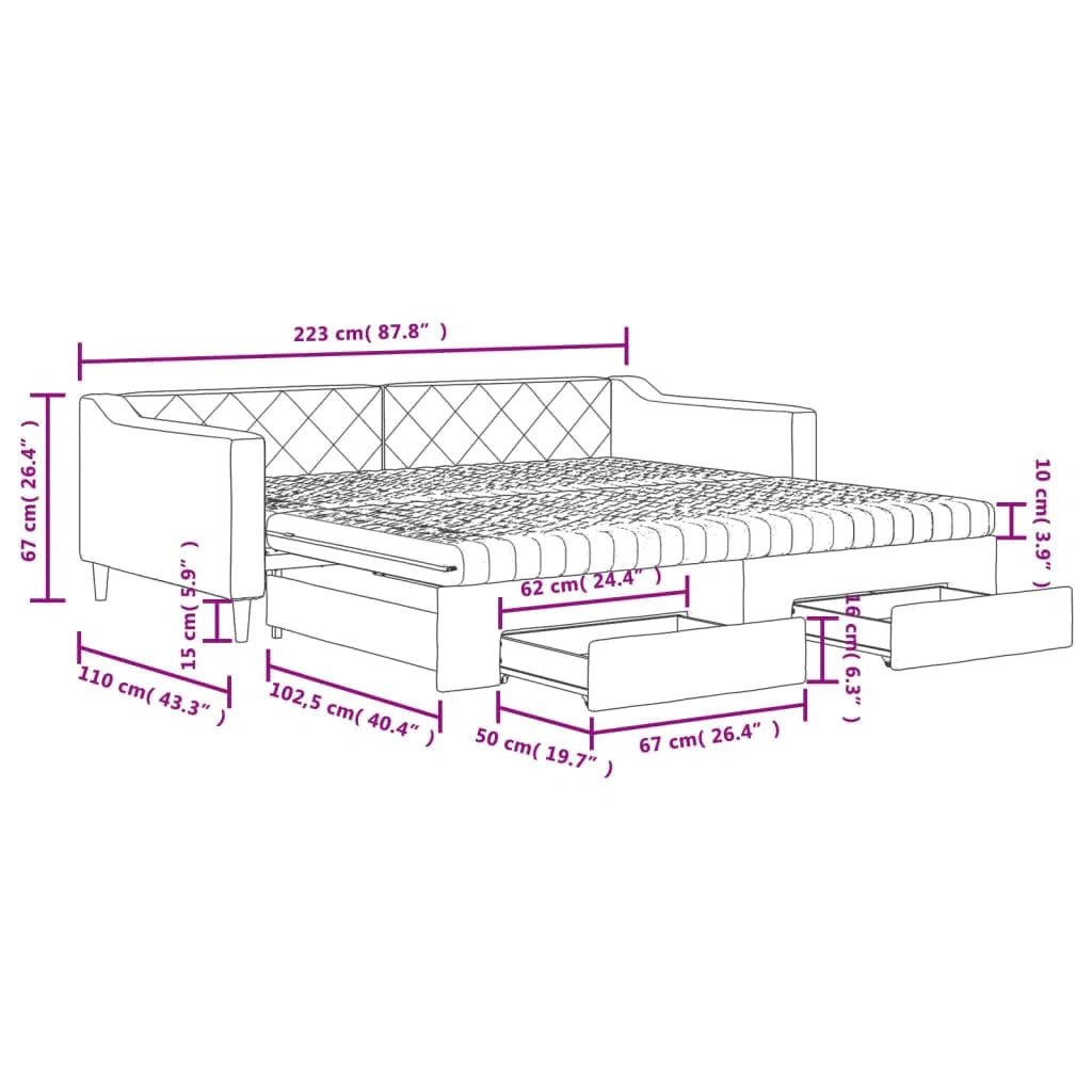 Lit de jour extensible avec tiroirs, noir, 100 x 200 cm, tissu rembourré, canapé-lit avec sommier à lattes, coffre de rangement pour invités, enfants et chambres d'adolescents