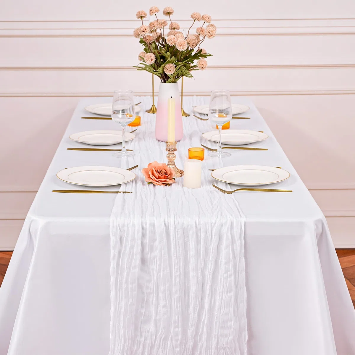 6 pièces de Nappe en Mousseline de Lin Blanc 55x300cm Boho Gaze Tissu fromage Chemin de table 10FT Longues rustiques Tissu Décorations de table pour la fête de mariage, la mariée, la baby shower