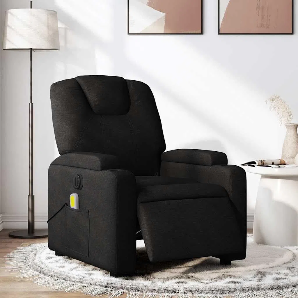 Fauteuil de massage électrique avec housse en tissu noir - Fonction couchage automatique et massage vibrant avec 6 points de massage - Rembourrage confortable - Porte-gobelet - Poche