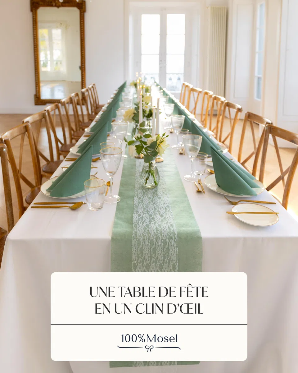 100%Mosel Kit Chemin de Table Vert Eucalyptus & Blanc – Chemin de Table Intissé (30 cm x 25 m) & Ruban Dentelle (15 cm x 25 m), 2 Rouleaux pour Mariage, Baptême, Communion
