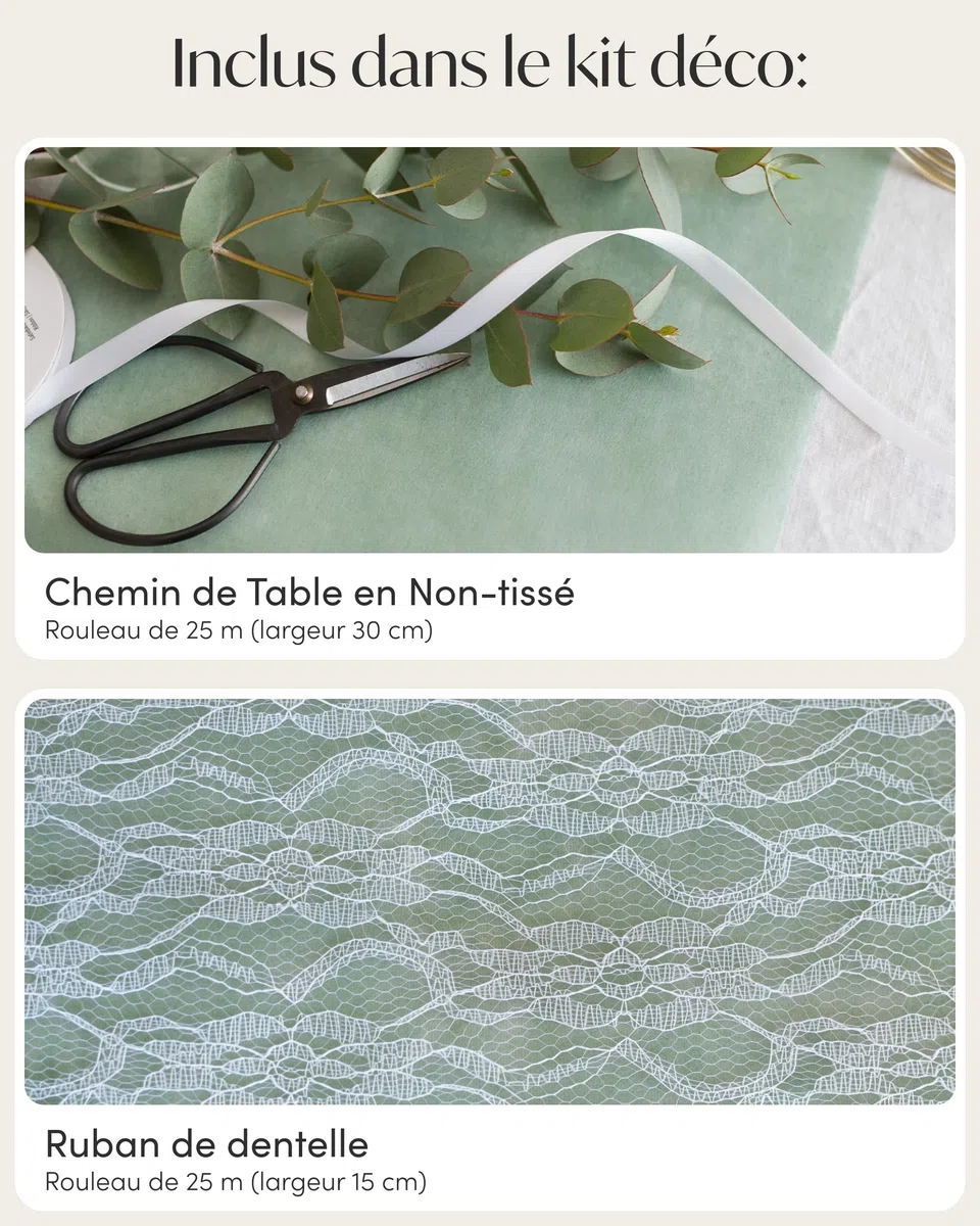 100%Mosel Kit Chemin de Table Vert Eucalyptus & Blanc – Chemin de Table Intissé (30 cm x 25 m) & Ruban Dentelle (15 cm x 25 m), 2 Rouleaux pour Mariage, Baptême, Communion