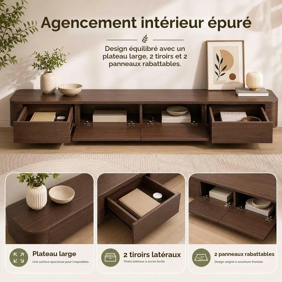 Meuble TV Noyer Suspendu, Console TV Murale Bois Massif, Support Flottant