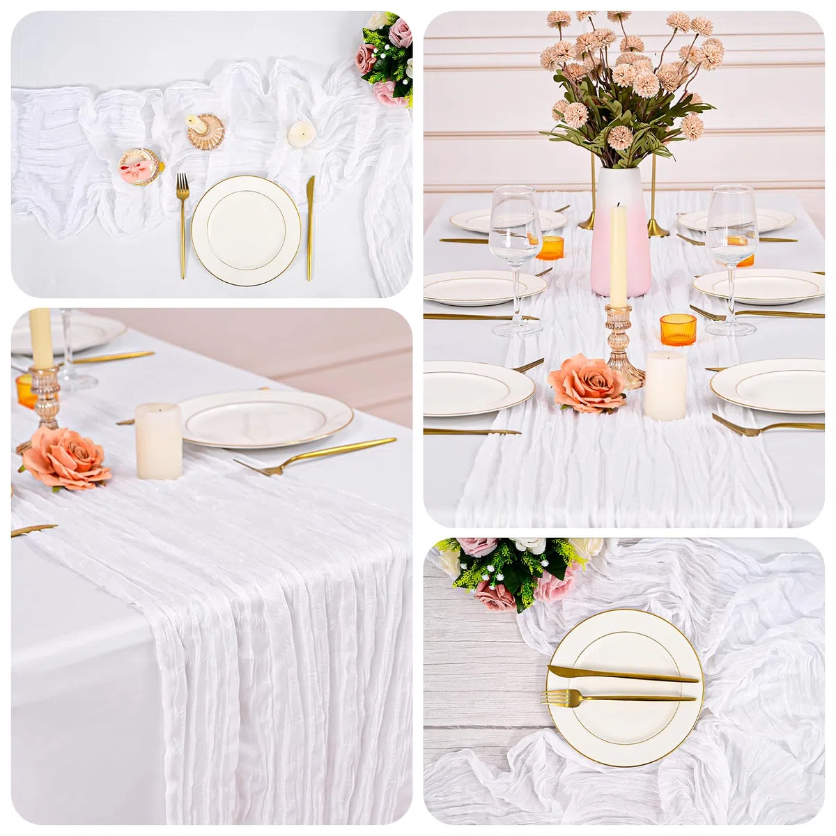 6 pièces de Nappe en Mousseline de Lin Blanc 55x300cm Boho Gaze Tissu fromage Chemin de table 10FT Longues rustiques Tissu Décorations de table pour la fête de mariage, la mariée, la baby shower