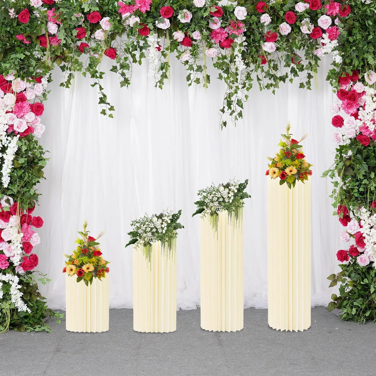 Lot de 4 supports de fleurs en carton de mariage, centres de table, vases, cylindres, stands, colonnes en papier pliables pour mariage, anniversaire, fête, décoration (40/60/80/100 cm)