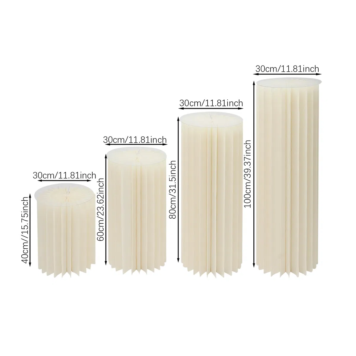Lot de 4 supports de fleurs en carton de mariage, centres de table, vases, cylindres, stands, colonnes en papier pliables pour mariage, anniversaire, fête, décoration (40/60/80/100 cm)