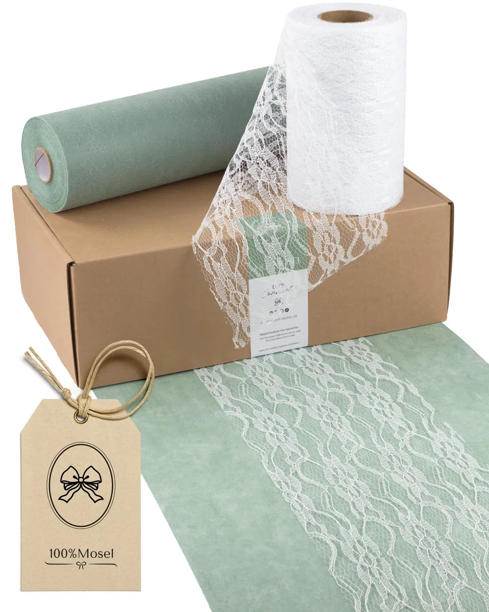100%Mosel Kit Chemin de Table Vert Eucalyptus & Blanc – Chemin de Table Intissé (30 cm x 25 m) & Ruban Dentelle (15 cm x 25 m), 2 Rouleaux pour Mariage, Baptême, Communion