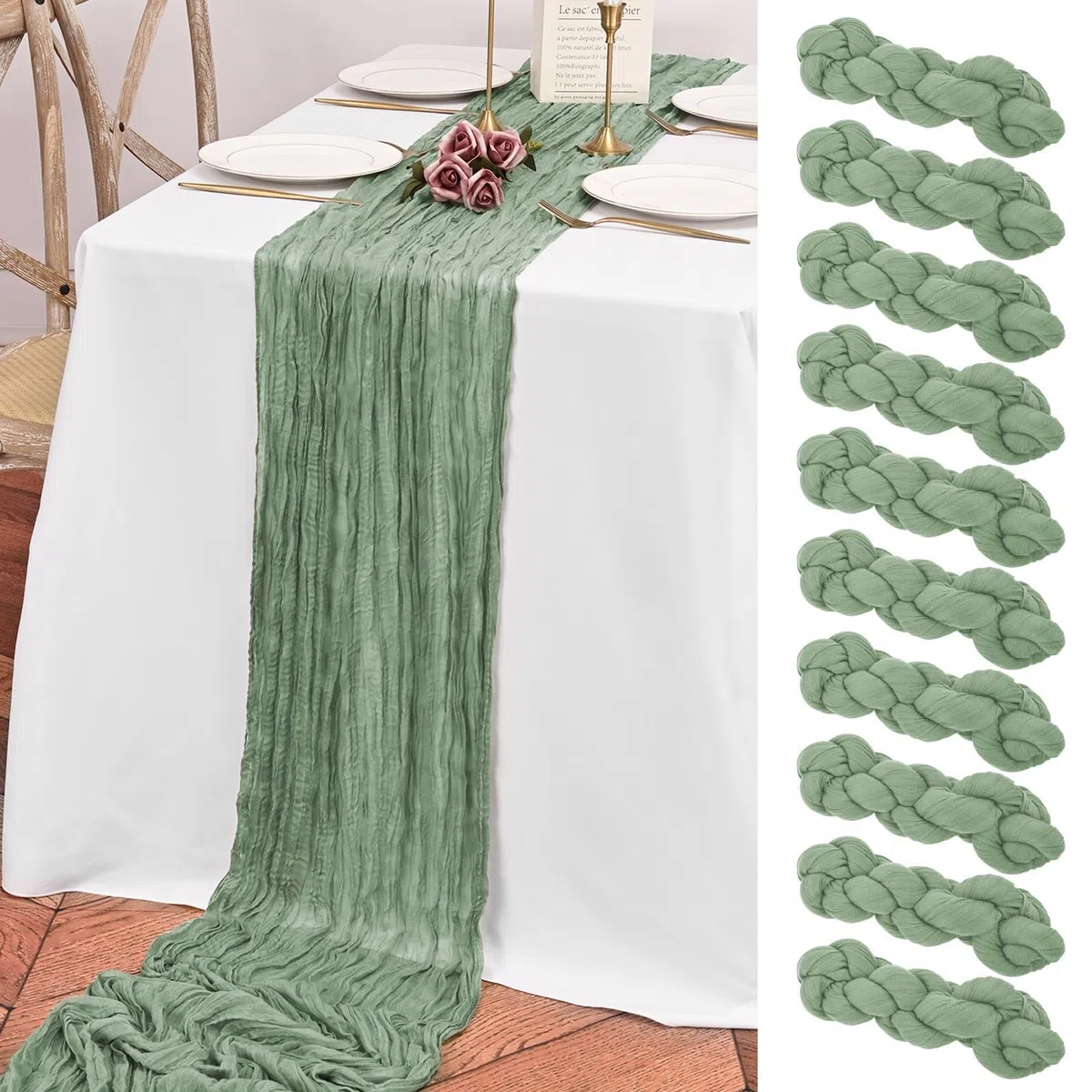 Teruntrue Lot de 10 chemins de Table en étamine Vert Sauge, Chemin de Table bohème de 3 m de Long, Chemin de Table en Gaze pour fête d'anniversaire, Festival, décoration de Mariage (Vert Sauge)