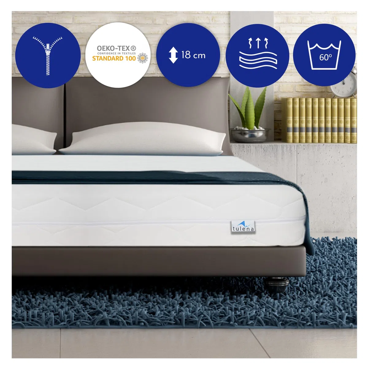 TULENA NOX Matelas Confort en Mousse Dure H4 + H5 Comfort Plus 18 cm avec Matelas réversible Housse antibactérienne avec Fermeture éclair 180 x 190 cm