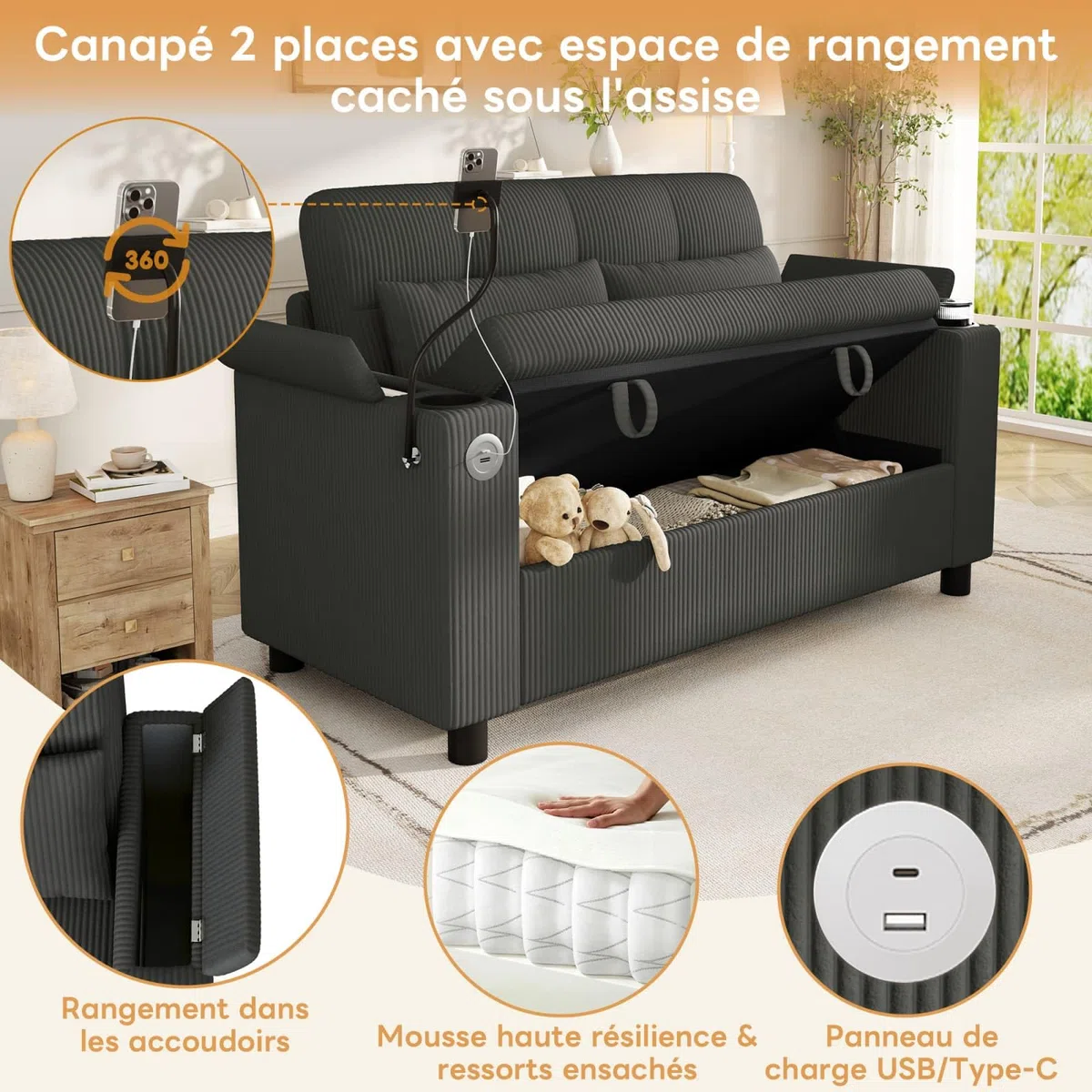 PUGSDRLY Canapé 2 Places Moderne avec Espace de Rangement,136.5x79.5x83.6cm