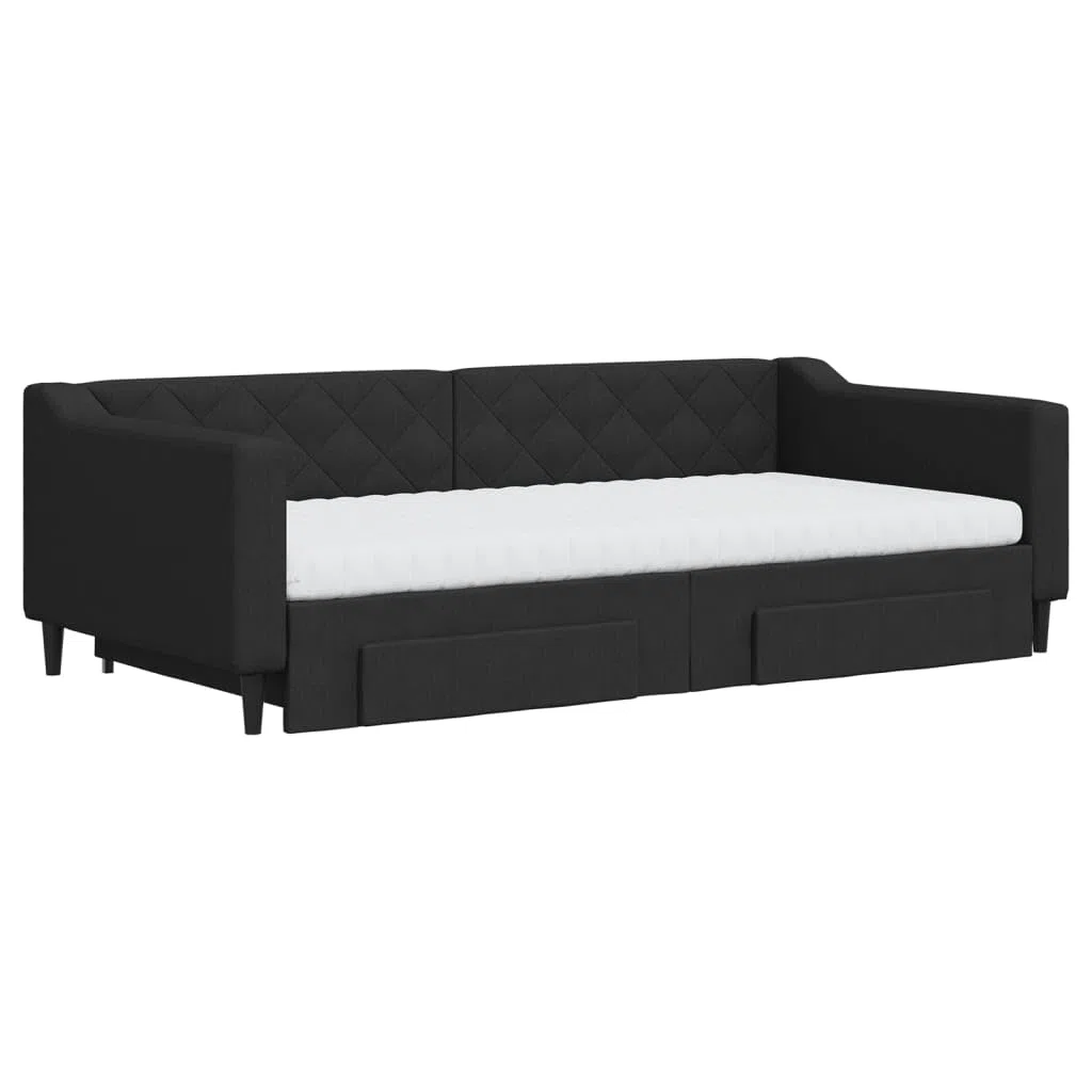 Lit de jour extensible avec tiroirs, noir, 100 x 200 cm, tissu rembourré, canapé-lit avec sommier à lattes, coffre de rangement pour invités, enfants et chambres d'adolescents
