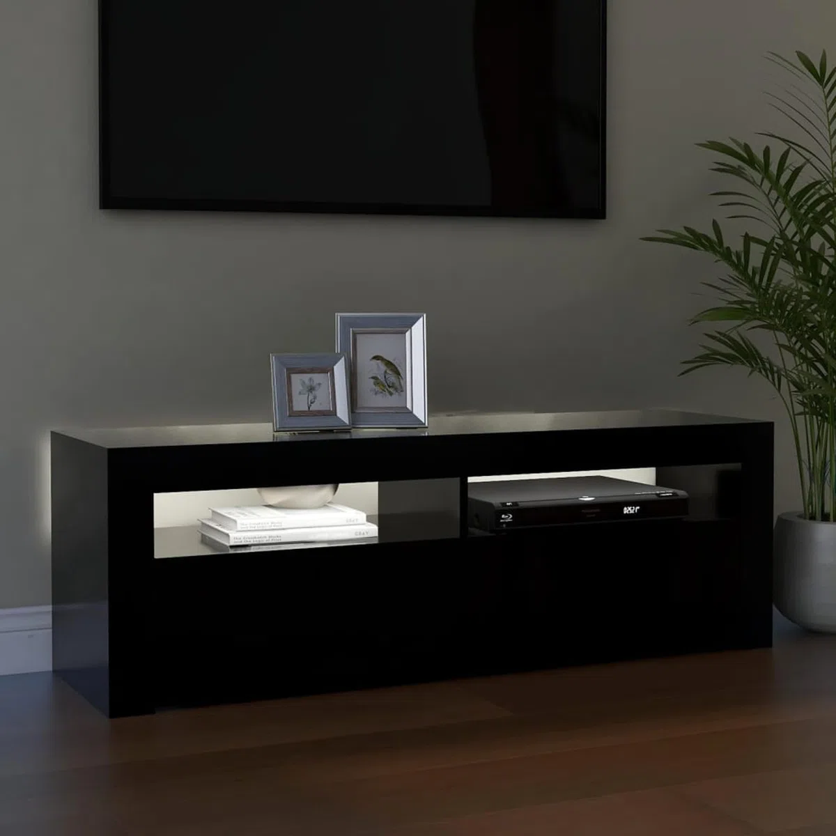 Meuble TV 120 cm Longueur avec Lumières LED - Moderne - Noir - 120 x 35 x 40 cm
