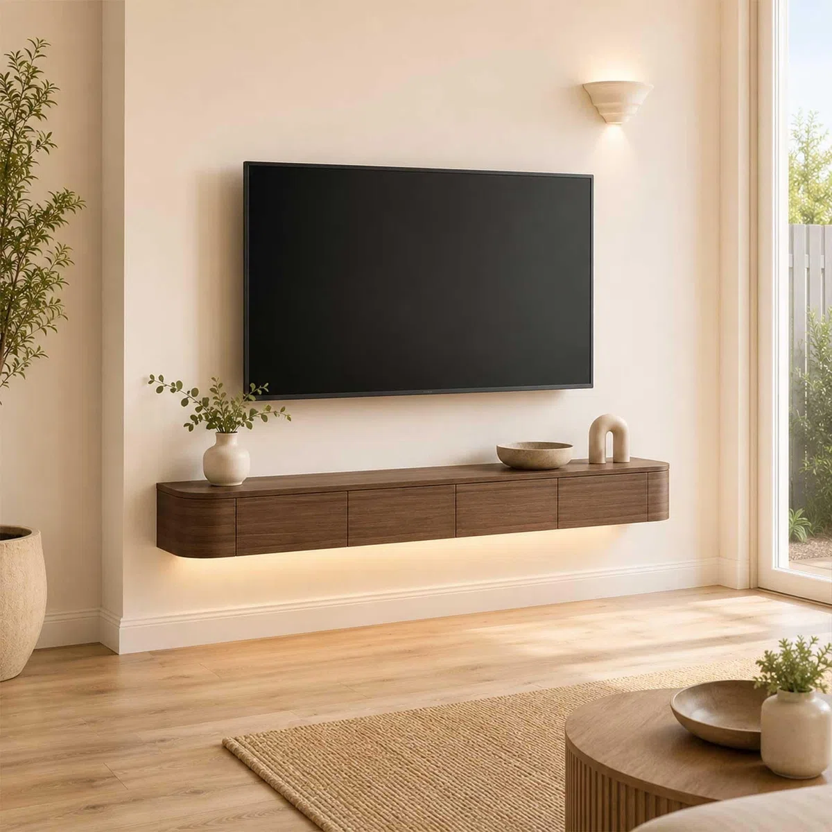 Meuble TV Noyer Suspendu, Console TV Murale Bois Massif, Support Flottant