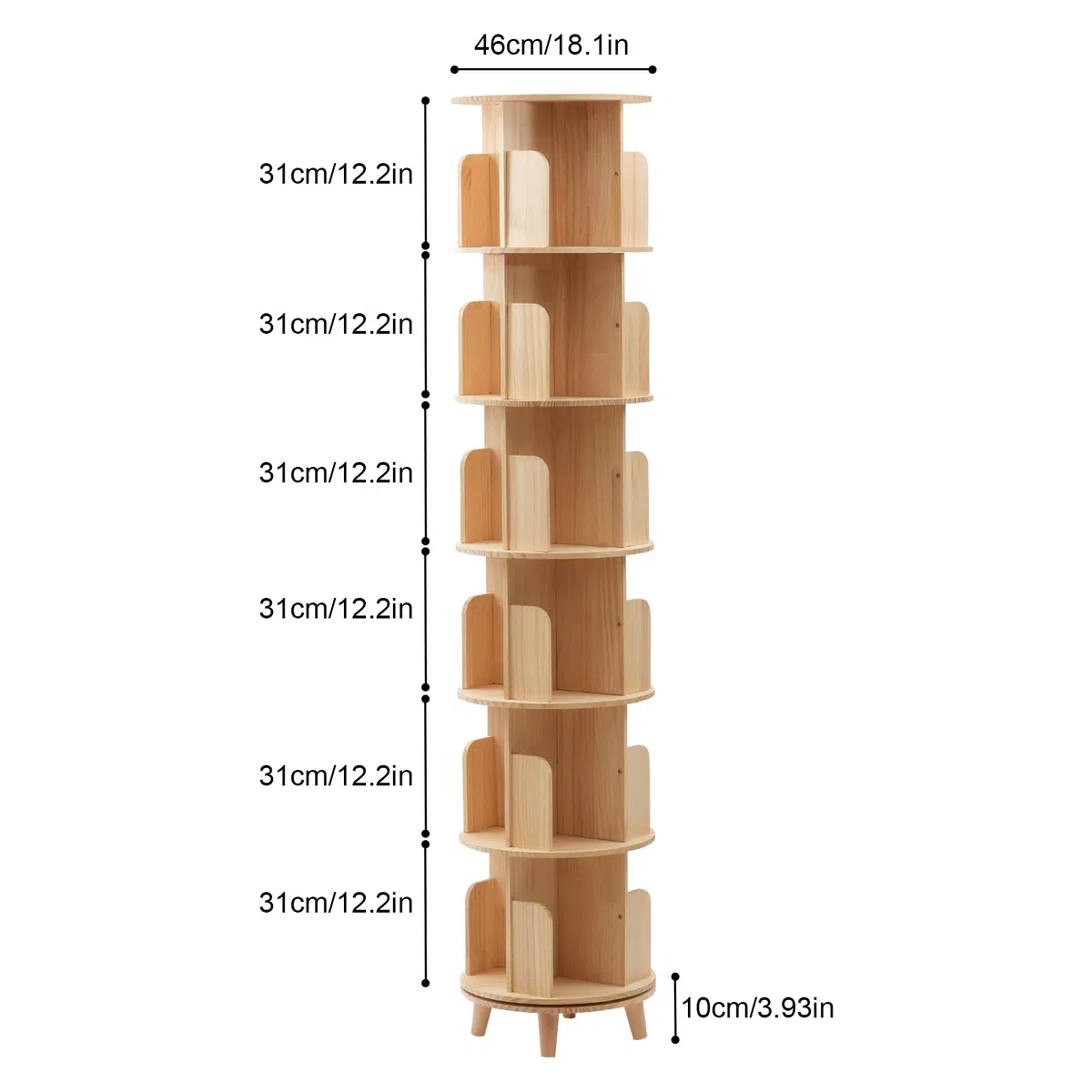Bibliothèque Tournante 6 Niveaux en Bois - Étagère Rotative 360 Degrés - Rangement Multifonction Organisateur (6 Étagères)